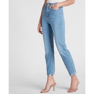 Super high waisted light wash raw hem slim jeans